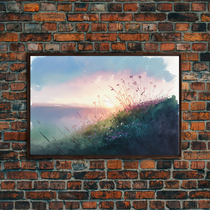 Serene Sunset, Watercolor Landscape Art, Framed Canvas Print, colorful wall art, above couch living room art