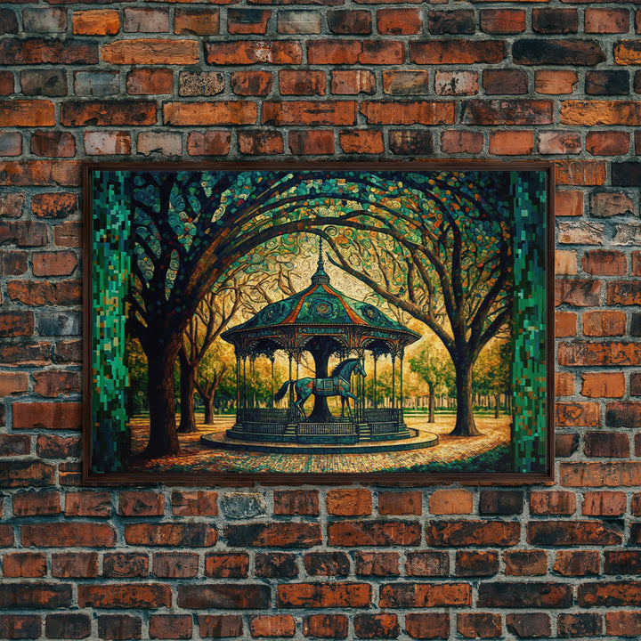 Framed Canvas Print, Painting of a Vintage carousel, Stained Glass Style Wall Art
