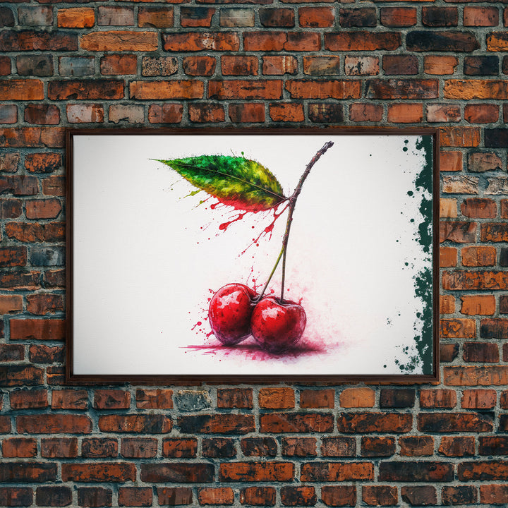 Watercolor Cherry, Still Life Paint Splatter Art, Framed Canvas Print, Fruit Art, Cherries with Stems Watercolor Painting