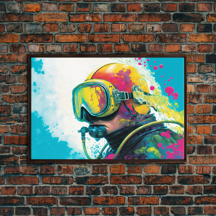 Graffiti Pop Art Scuba Diver, Framed Canvas Print, Scuba Painting, Retro Under Water Punk Art
