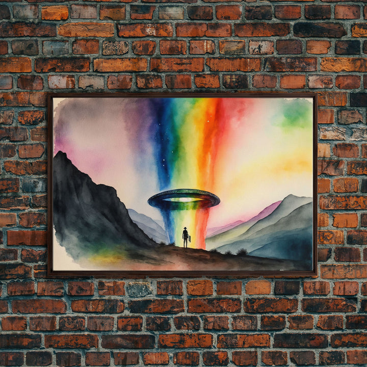 The Abduction, Rainbow UFO Art, Watercolor, Framed Canvas Print, Science Fiction Wall Decor