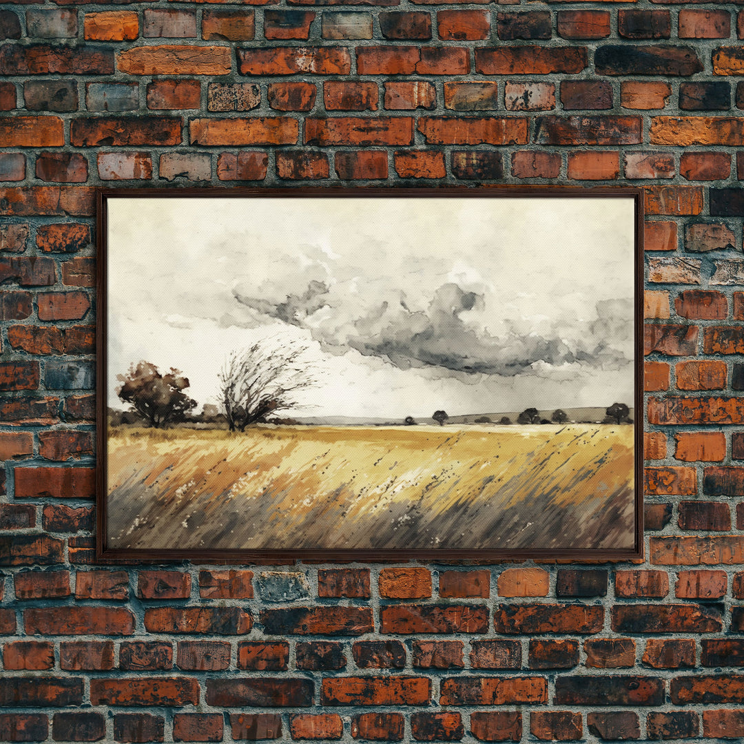 Muted Vintage Style Landscape Wall Art, Nature Framed Large Gallery Art, Oil Painting Art Ready to Hang, Framed Canvas Wall Decoration
