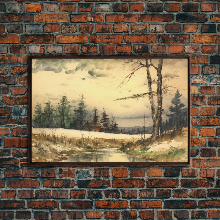 Cottage On The Lake, Wall Art, Framed Canvas Print, Subdued Minimalist Boho Style Wall Decor, Canvas Art, Rustic Decor