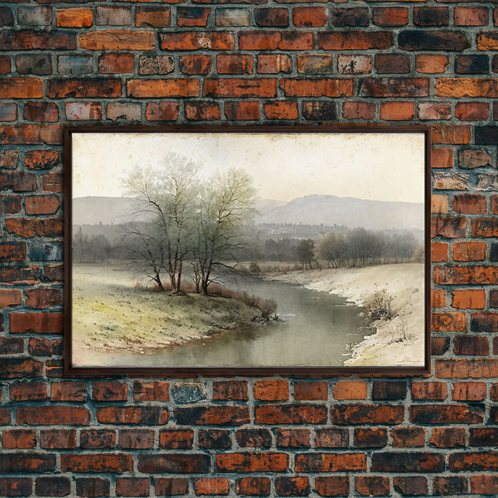 Rustic Vintage Landscape Wall Art Print, Nature Framed Large Gallery Art, Minimalist Art Ready to Hang, With Hangers, Muted Farmhouse Art
