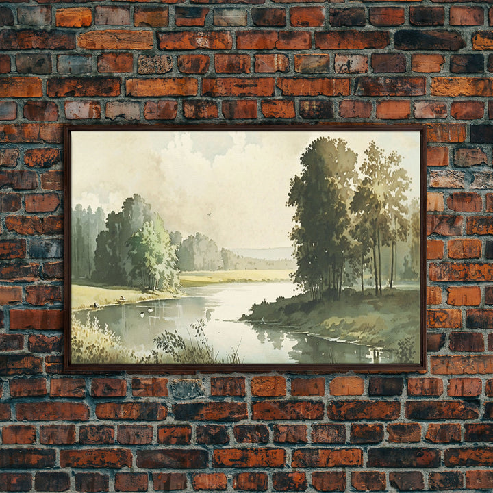 Wall Art, Vintage Landscape Framed Canvas Print, Wall Decor with hanging kit, Rustic Farmhouse Decor, Primitive Art, Early American Style