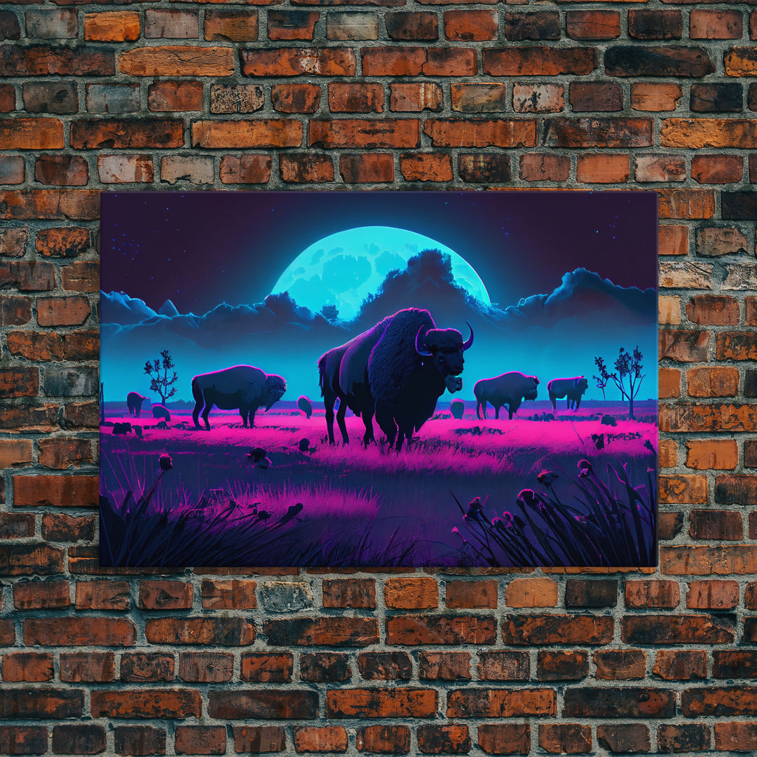 American Buffalo, Retrowave art, herd of Bison and a full moon, framed canvas print