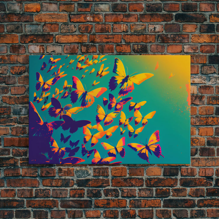 Synthwave Tangerine butterflies, beautiful butterfly art, framed canvas print, framed wall art