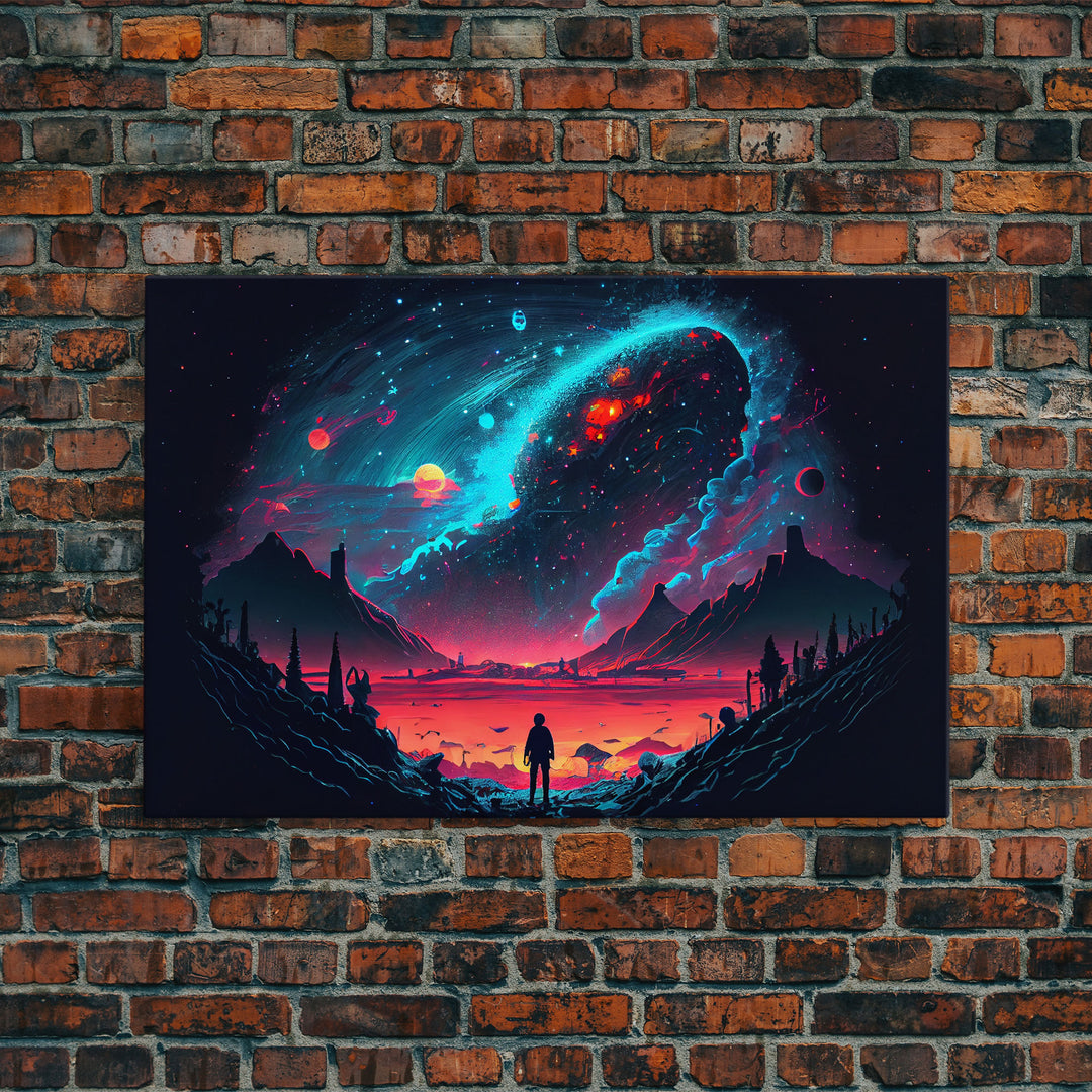Strange new worlds among  the stars, scifi retrowave art, framed canvas print, unique wall art