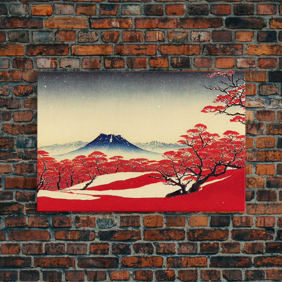 Mt. Fuji in the winter, Japanese style art, Japanese maple trees, framed canvas print, unique retro style art