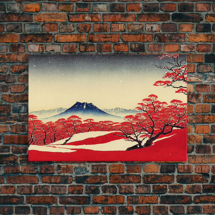 Mt. Fuji in the winter, Japanese style art, Japanese maple trees, framed canvas print, unique retro style art