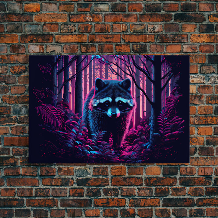 Cute racoon in the forest, vaporwave aesthetic animal art, framed canvas print, colorful animal art