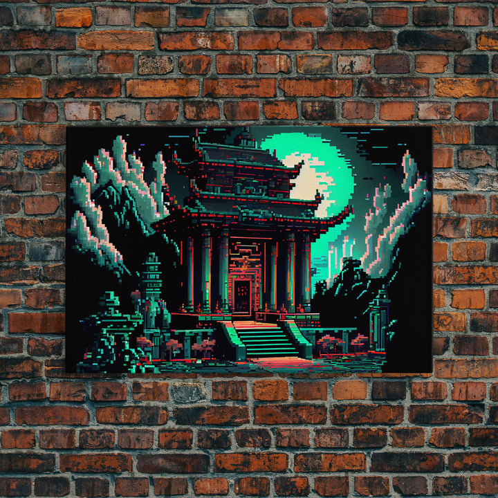Japanese Pagoda pixel art, cyberpunk style pagoda, framed canvas print