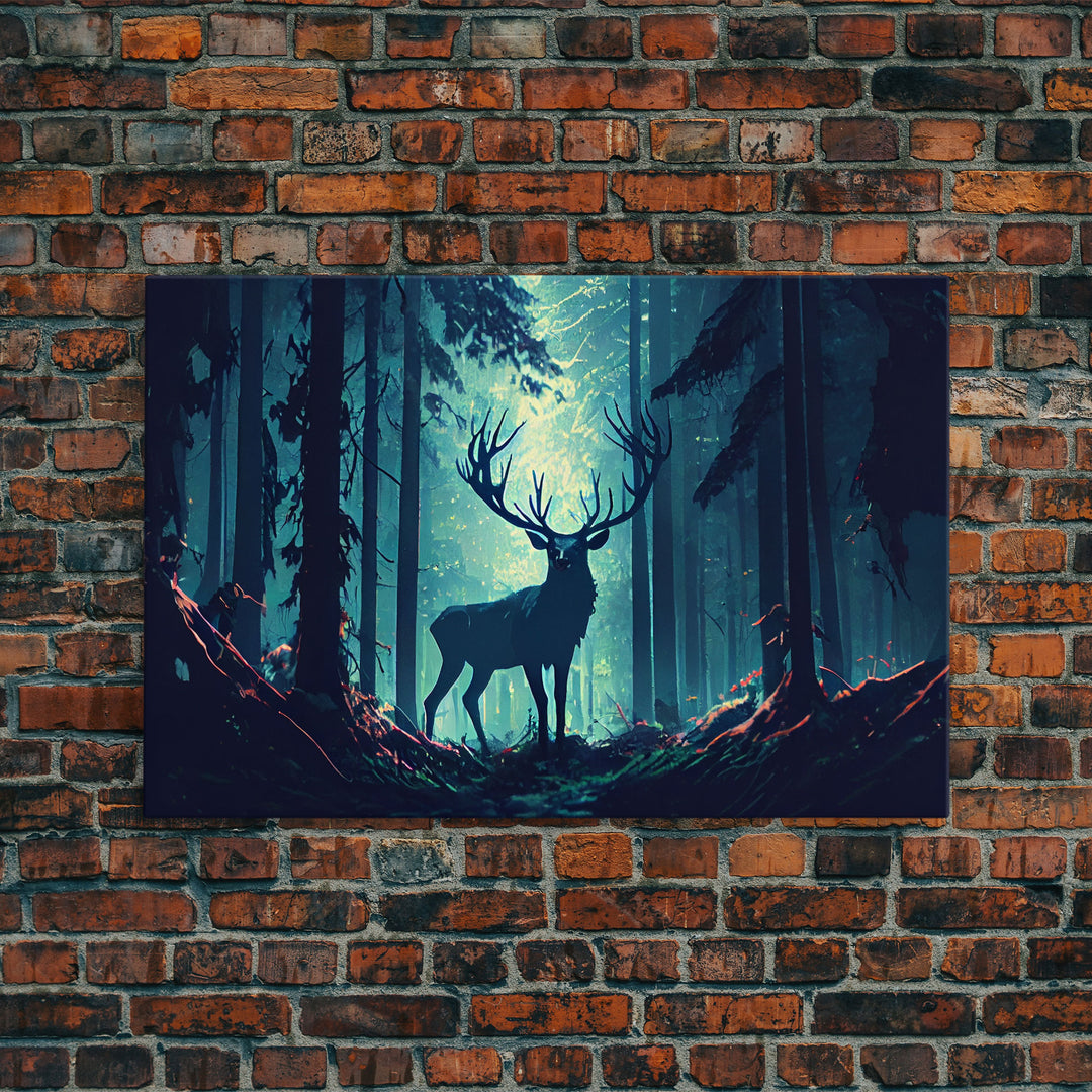 Mythical stag in the forest, fantasy art, framed canvas print, mythical creatures