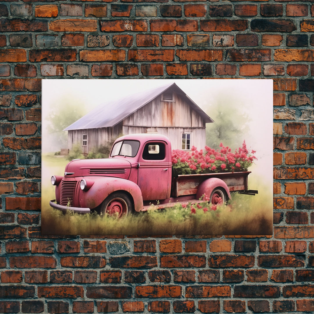 Old Pink Truck Used As a Flower Bed, Framed Canvas Print Or Poster, Rustic Farmhouse Decor, Primitive Art, Country Home Art