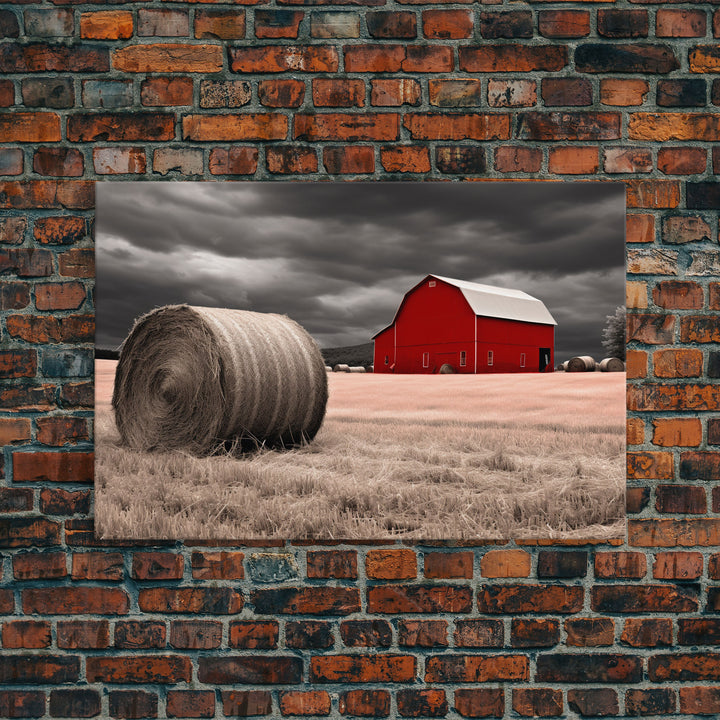 Liminal Spaces, Red Barn Under A Storm Canvas Print, Rustic / Minimalist Cottagecore Wall Art, Framed Canvas Print, Hay Bale Art