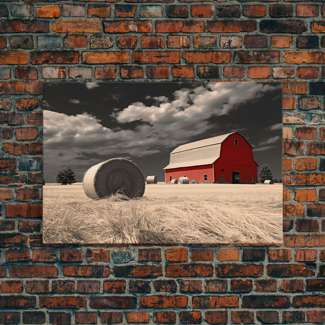 Wide Open Spaces, Red Barn Under A Storm Canvas Print, Rustic / Minimalist Cottagecore Wall Art, Framed Canvas Print, Hay Bale Art, Liminal