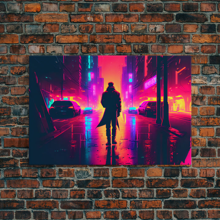 Cyberpunk bounty hunter art, vaporwave synthwave dystopian cityscape, framed canvas print