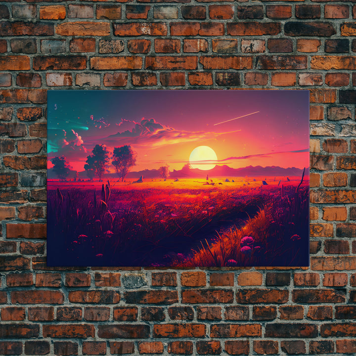 Watercolor of a beautiful sunset over a vibrant field of flowers, framed canvas print, framed art