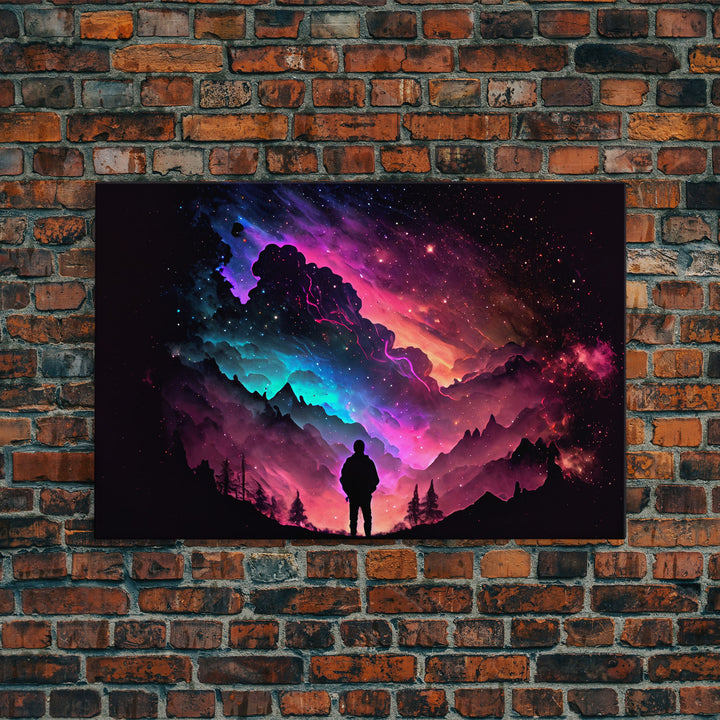 Contemplating the Universe, retro style space art, framed canvas print, synthwave space decor