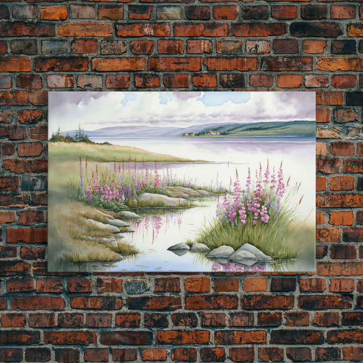Pink flower landscape art, beautiful nature watercolor painting canvas print, Framed Canvas Print, Wall decoration, living room wall art