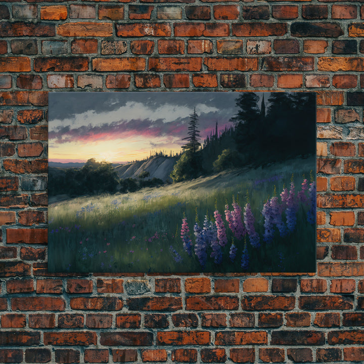 Watercolor of a beautiful landscape at sunset, rustic farmhouse decor, primitive art, cabin art, wall decoration
