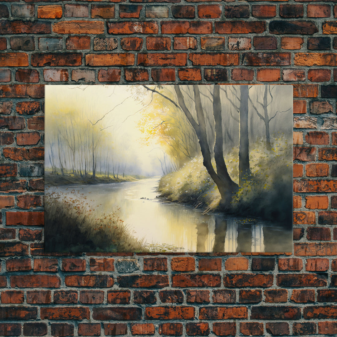 Watercolor | Framed Canvas Print | Bendy River Landscape | Wall Decoration | Modern Farmhouse | Wall Decoration