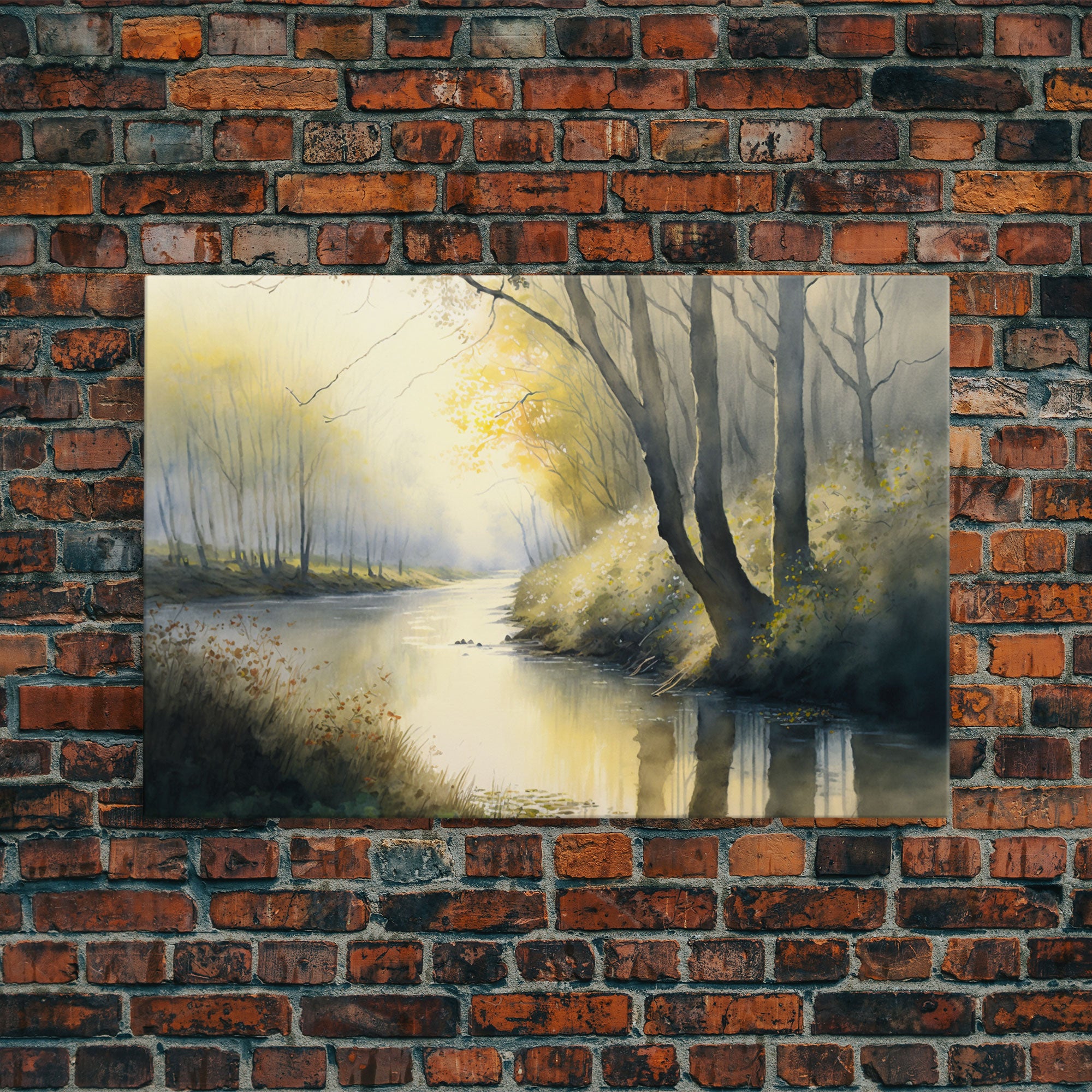 Watercolor | Framed Canvas Print | Bendy River Landscape | Wall Decoration | Modern Farmhouse | Wall Decoration
