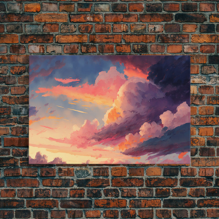 Pink Clouds Sunset Art | Framed Canvas Print | Vintage Style Painting Print | Whimsical Boho Decor | Modern Farmhouse Art
