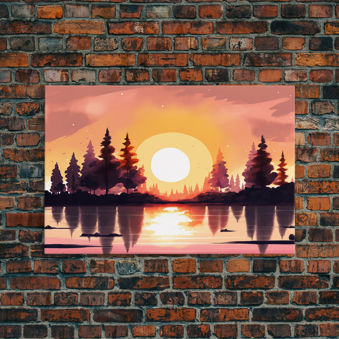 Sunrise Over The Lake and Forest, Lakehouse landscape art, orange and red tones, framed canvas print, watercolor art