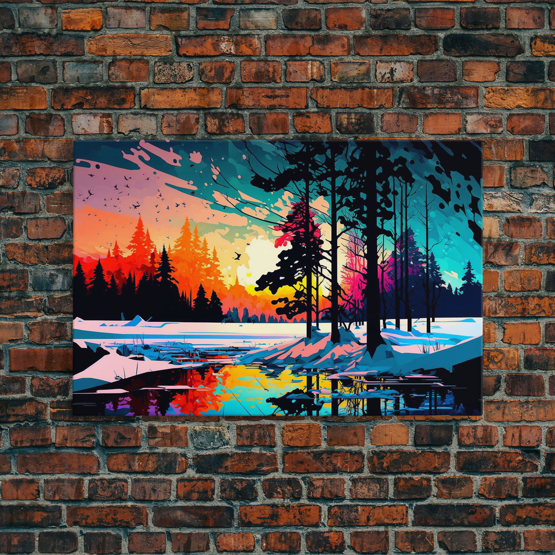 Pop Art Style Water Color of a Winter Forest | Minimalist Contemporary Art | Framed Canvas Print | WPAP Style Landcape Art