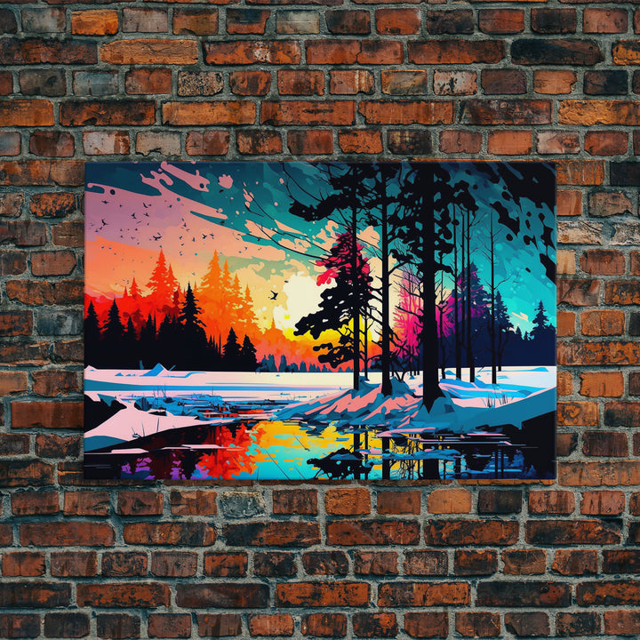 Pop Art Style Water Color of a Winter Forest | Minimalist Contemporary Art | Framed Canvas Print | WPAP Style Landcape Art