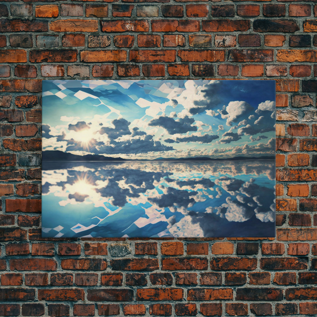 Reflections in Ice, Framed canvas print, unique farmhouse wall art, blue and white tones