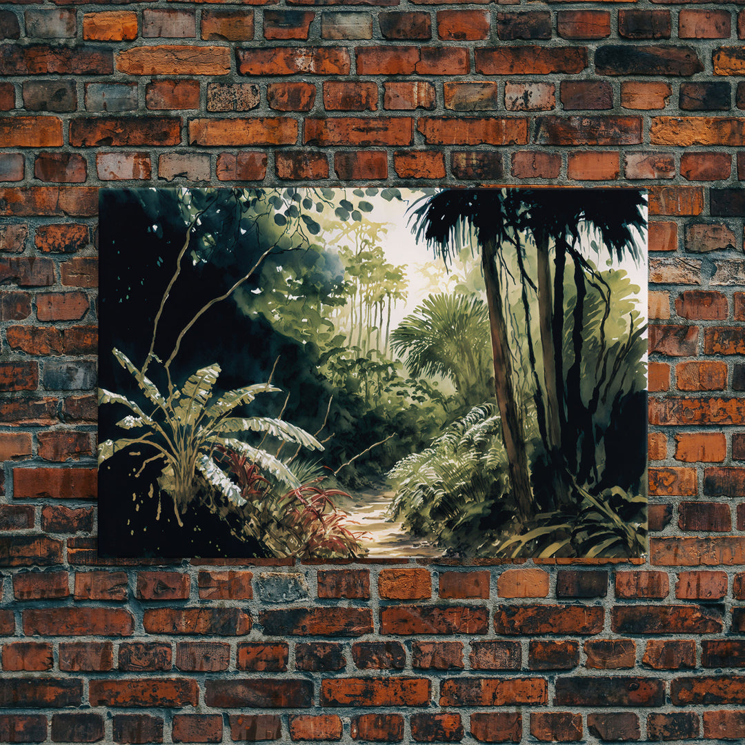 Watercolor of a Jungle Landscape, Framed Canvas Print, Framed Wall Art