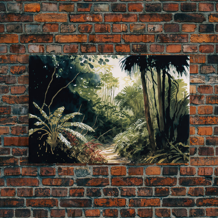 Watercolor of a Jungle Landscape, Framed Canvas Print, Framed Wall Art