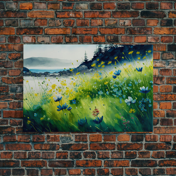 Beautiful Watercolor of a field of blue flowers, framed canvas print, whimsical wall decor, colorful wall art