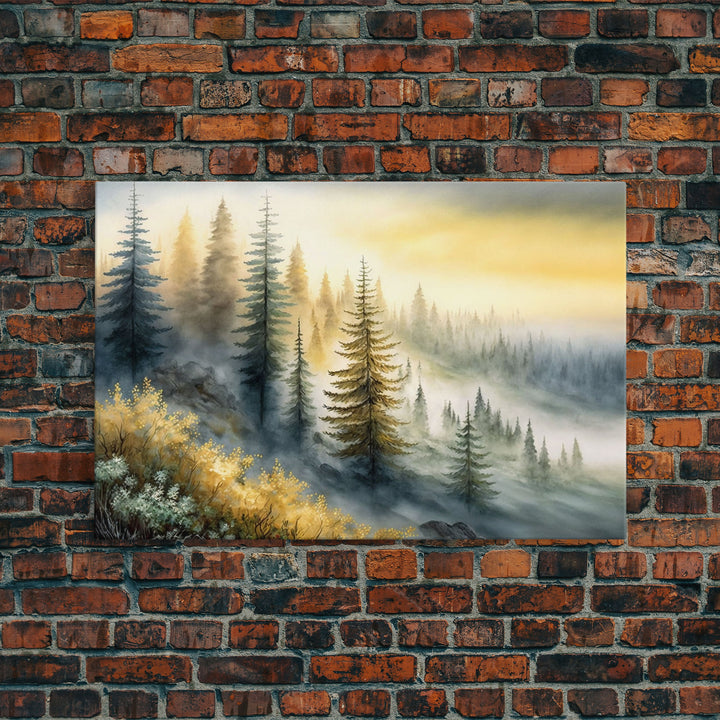 Watercolor of a foggy pine tree forest, framed canvas print, unique wall art, contemporary art