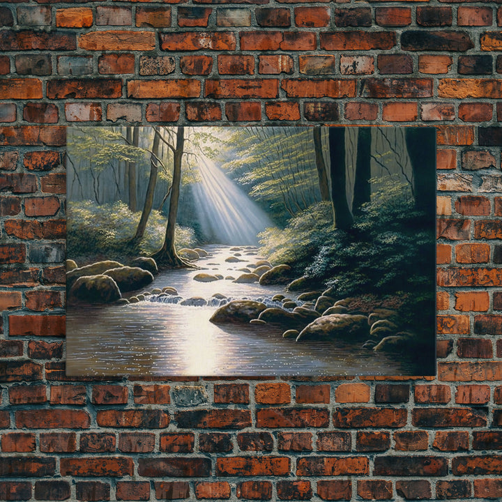 Colorful Watercolor Art, Framed Canvas Print, unique wall art, framed wall art, Landscape watercolor, Beams of Sunlight piercing the canopy