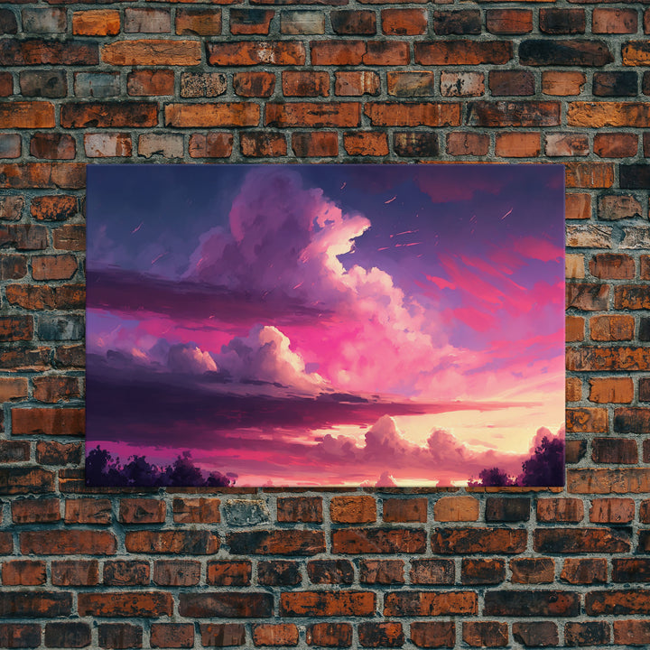 Contemporary Sunset Cloudy Sky, Framed canvas print, colorful landscape art, living room decor