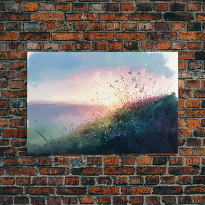 Serene Sunset, Watercolor Landscape Art, Framed Canvas Print, colorful wall art, above couch living room art