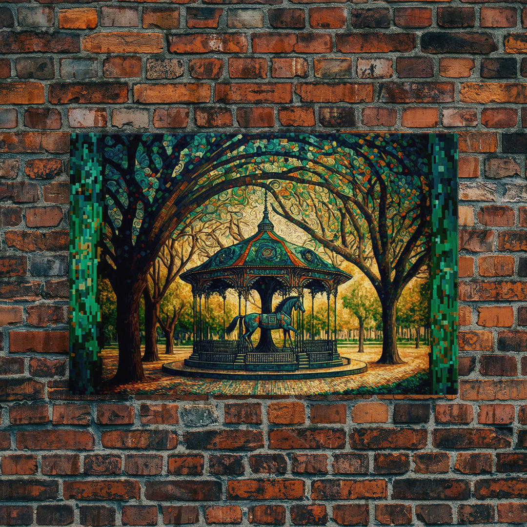 Framed Canvas Print, Painting of a Vintage carousel, Stained Glass Style Wall Art