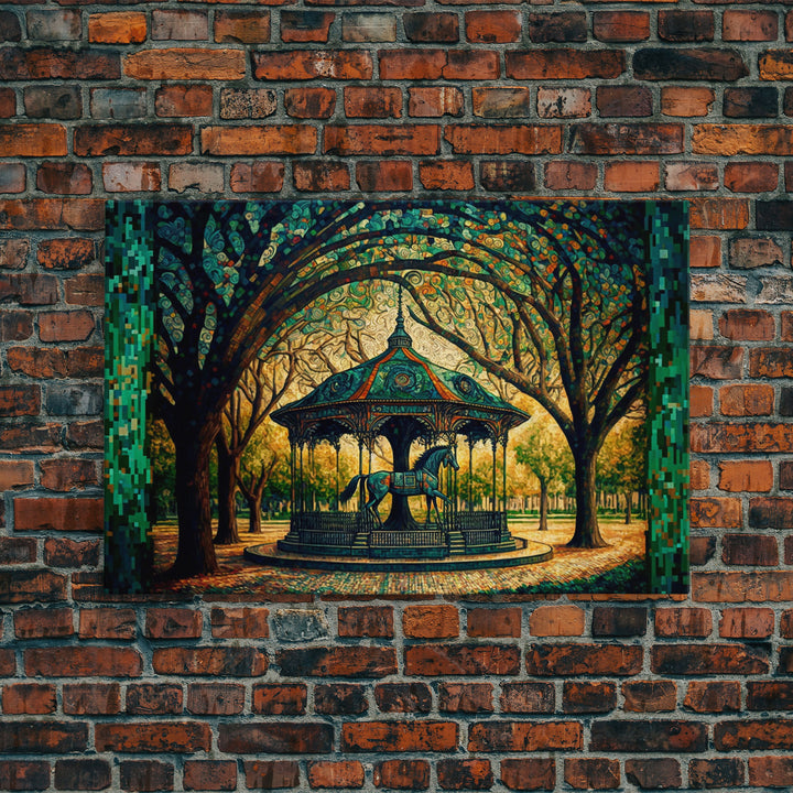Framed Canvas Print, Painting of a Vintage carousel, Stained Glass Style Wall Art