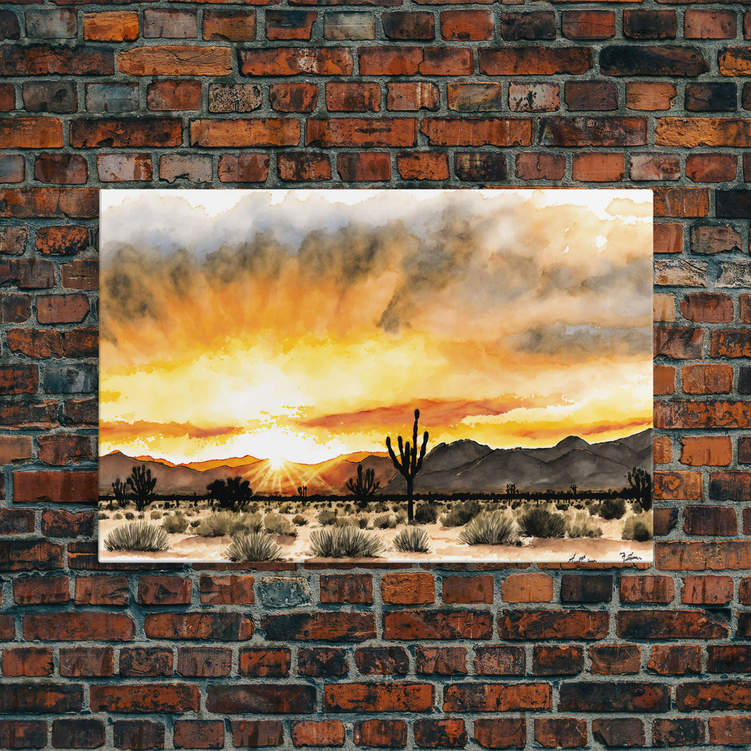 Watercolor Arizona Desert Landscape, Framed Canvas Print, Original Painting Print, Huge Living Room Wall Art, Southwest Western Decor
