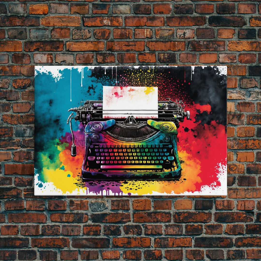 Watercolor Painting of an Antique Vintage Typewriter, Canvas Print, Framed Canvas Art, Original Art, Retro Pop Art Graffiti Style Decor