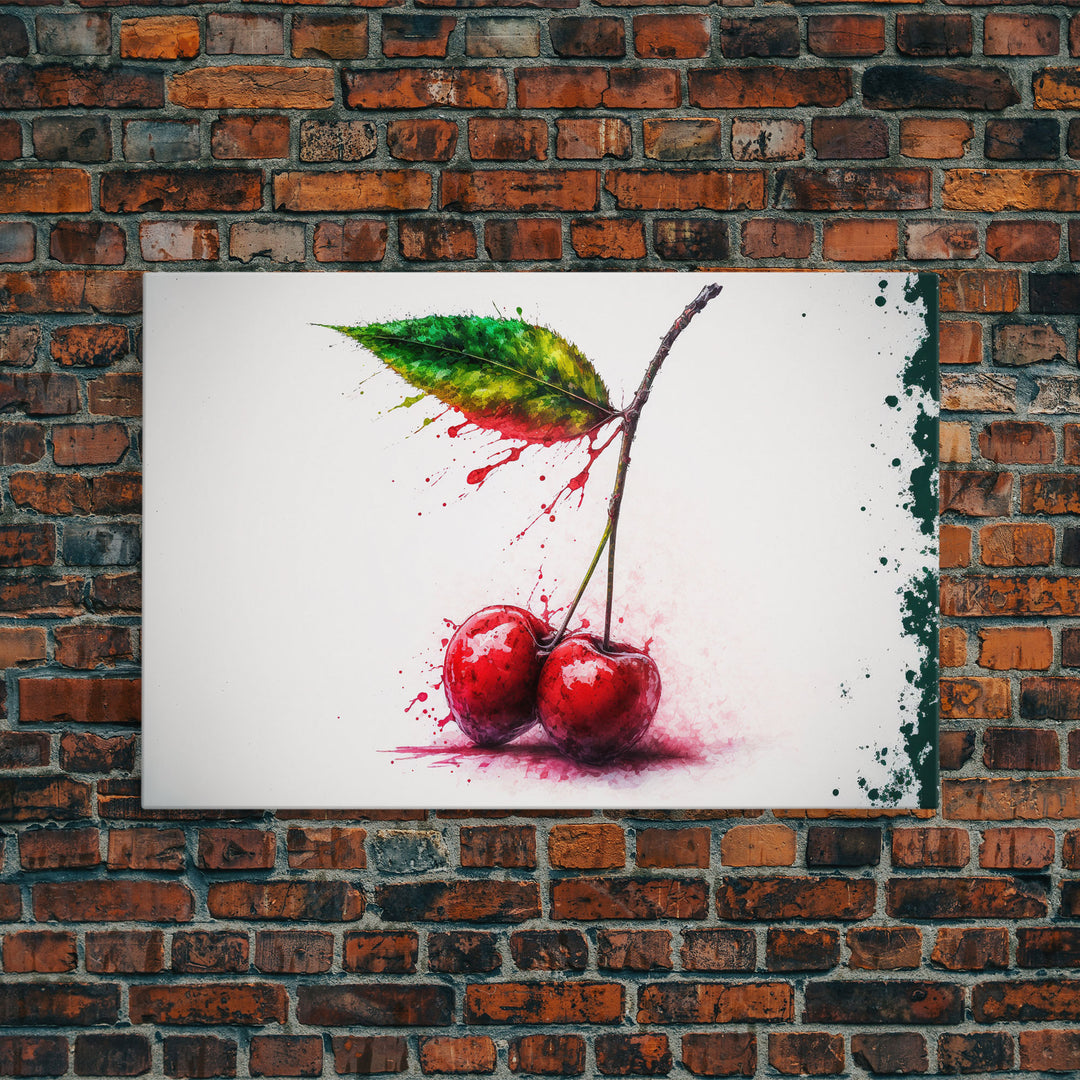 Watercolor Cherry, Still Life Paint Splatter Art, Framed Canvas Print, Fruit Art, Cherries with Stems Watercolor Painting