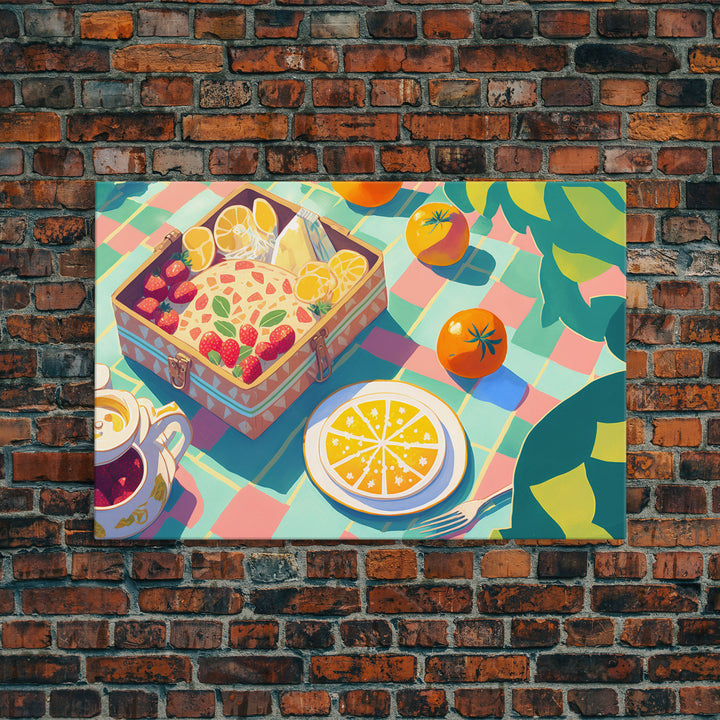 Picnic Art, Whimsical Summer Deserts, Framed Canvas Print, Fruit Tart Painting, Picnic Basket Art