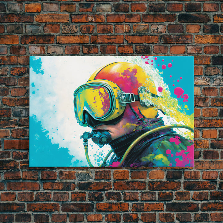 Graffiti Pop Art Scuba Diver, Framed Canvas Print, Scuba Painting, Retro Under Water Punk Art
