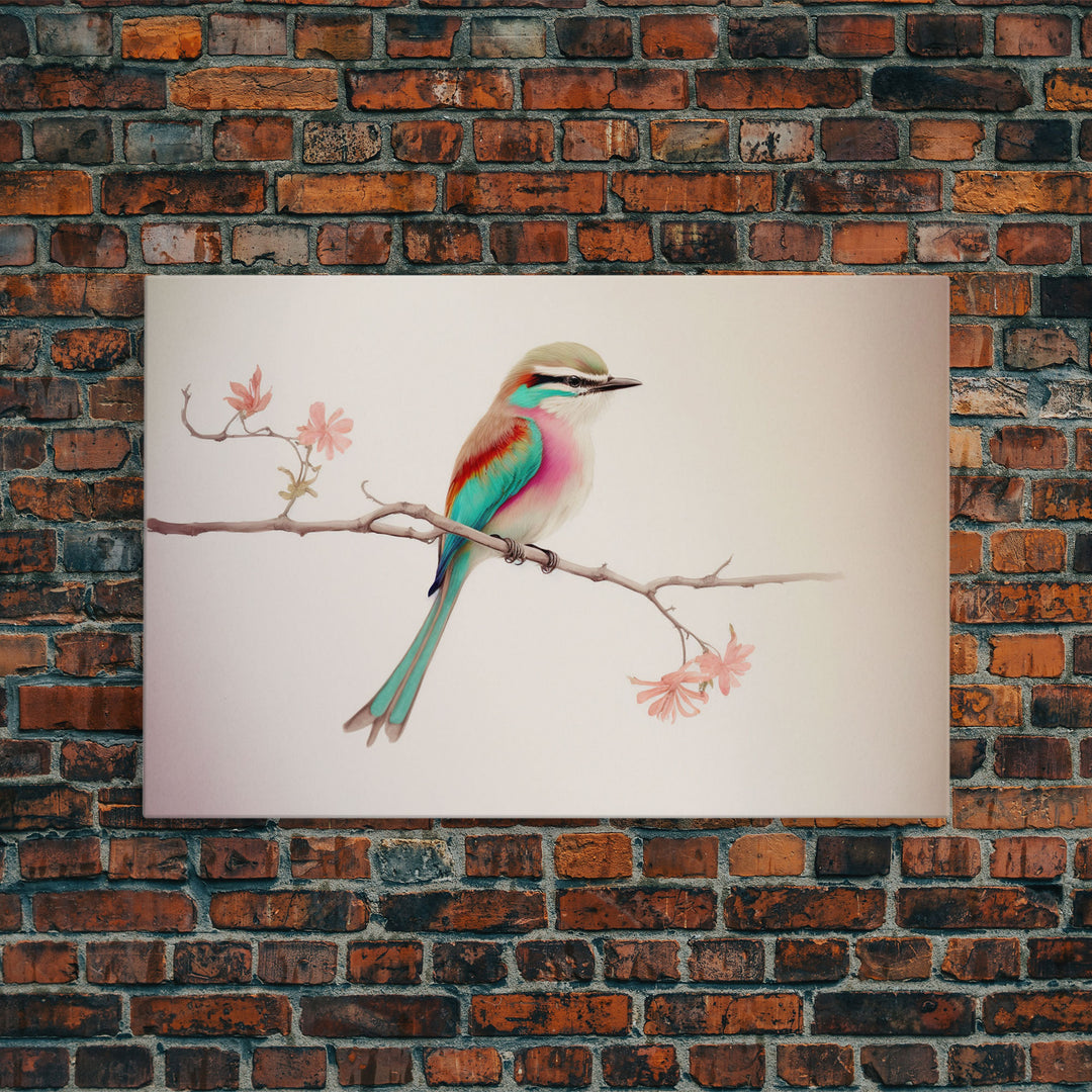 Colorful Oriole Bird On a Branch, Watercolor, Framed Canvas Print, Birdwatcher Art