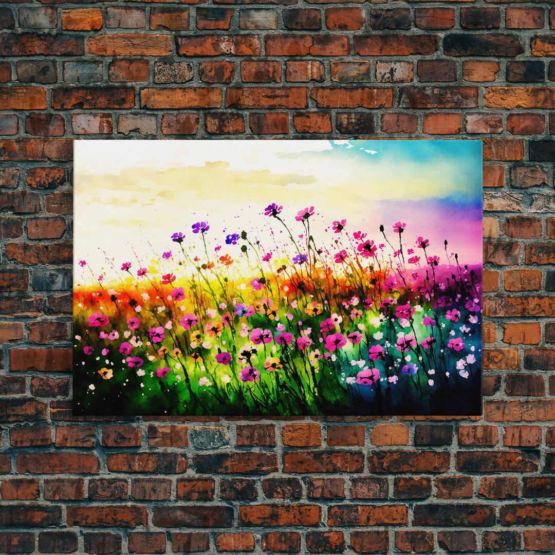 Field Of Rainbow Colored Wild Flowers, Watercolor, Framed Canvas Print, Original Art, Large Format Art, huge living room art