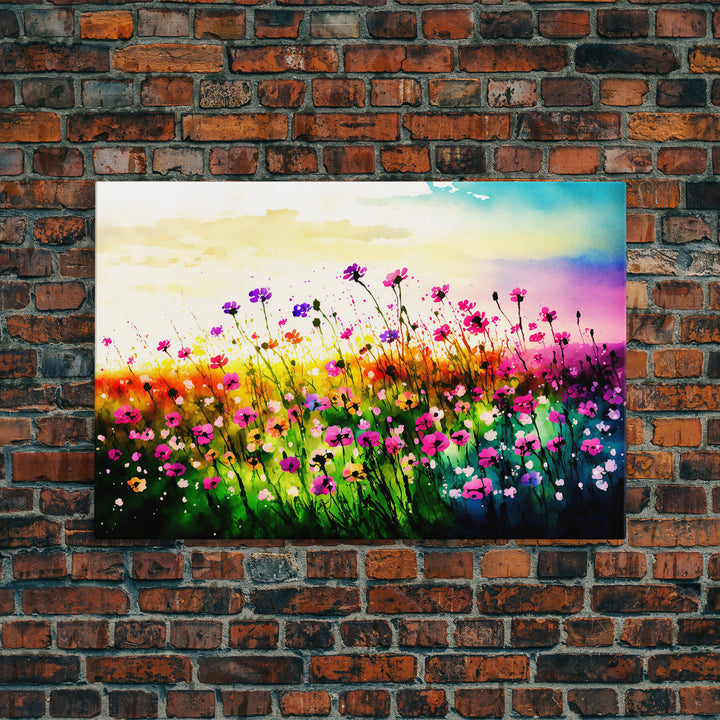 Field Of Rainbow Colored Wild Flowers, Watercolor, Framed Canvas Print, Original Art, Large Format Art, huge living room art