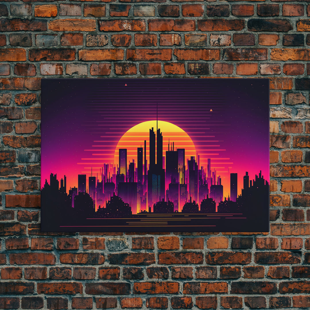 Outrun Style Futuristic Cyberpunk City Skyline at Sunset, Concept art, framed canvas print, dystopian art